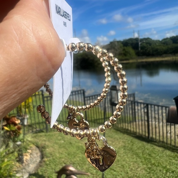 KARL LAGERFELD PARIS Gold-Tone Logo & Pavé Heart Padlock Charm Beaded C-Hoop - Picture 13 of 14